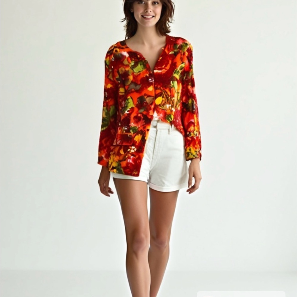 CHICO'S COTTON/SPANDEX
ORANGE /GREEN MULTI JACKET Blazer Size 2 (L12)